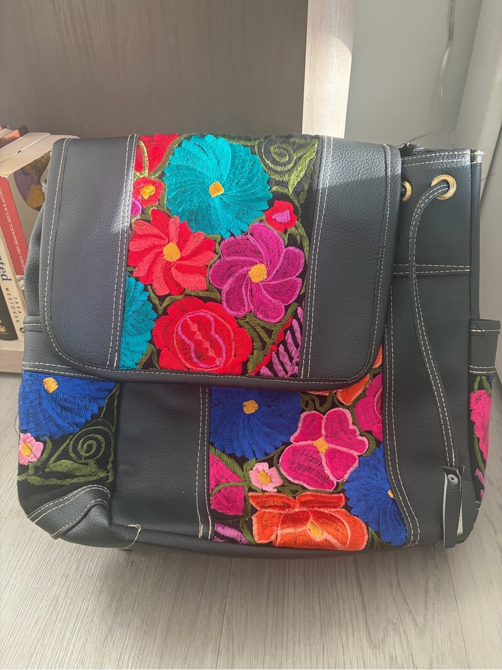 Black Embroidered Floral Crossbody Bag - Unbranded